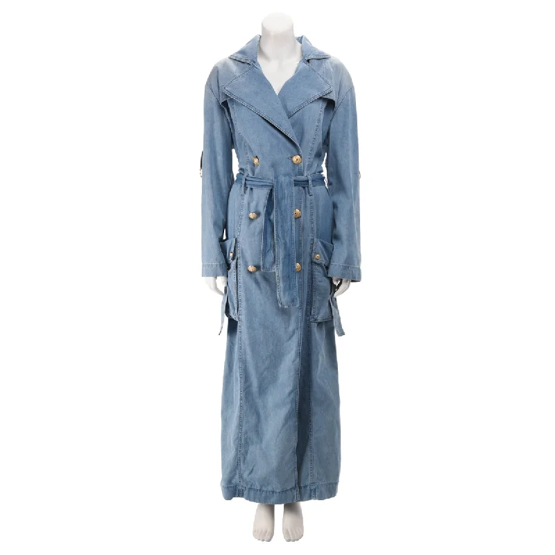 Balmain Blue Denim Trench Coat FR 34 Wool Cashmere Tweed
