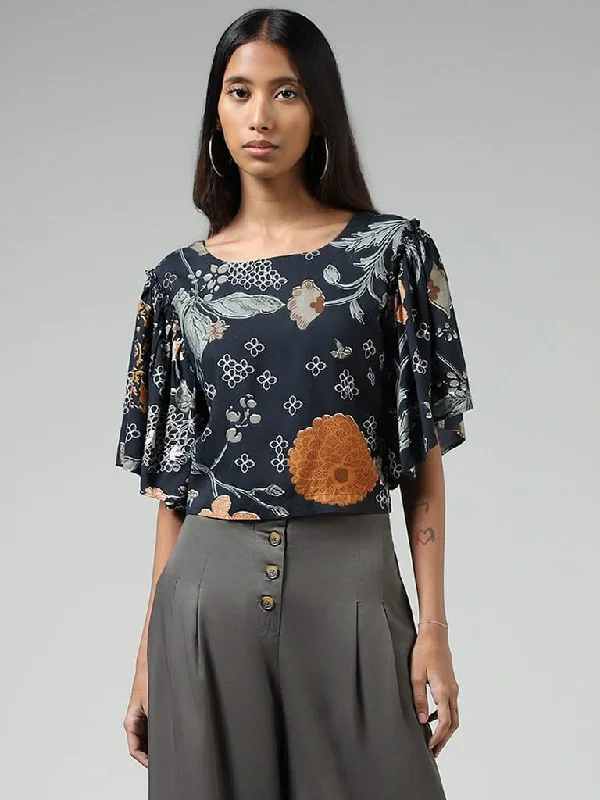 Bombay Paisley Deep Blue Nature Printed Cotton Crop Top Terry Blend Velvet Blend Canvas Blend