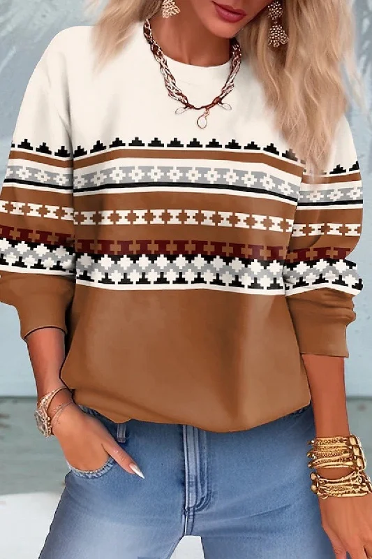 WOMEN LOOSE FIT AZTEC PATTERN PULLOVER SWEATSHIRT Button Front Sweater