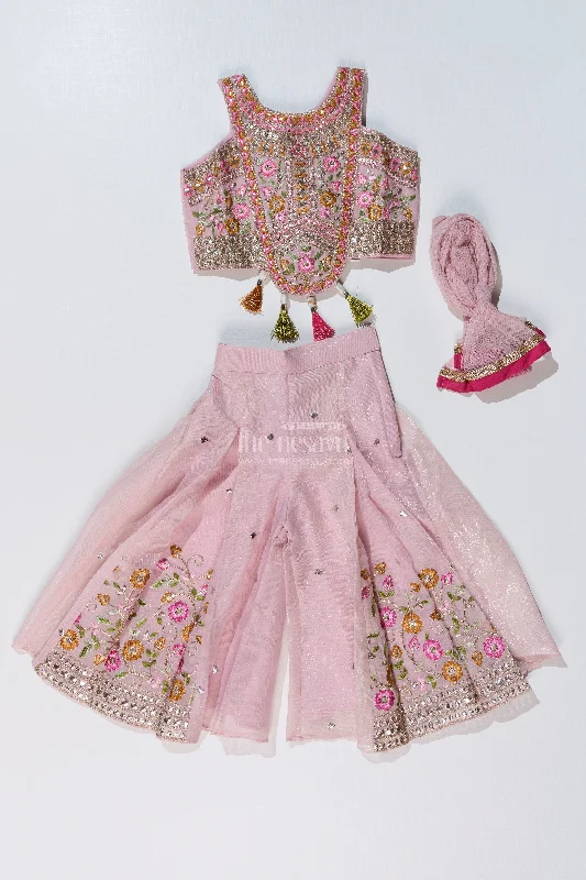 Girls Embroidered Plazo with Crop Top for Wedding in Pastel Pink with Tassel Detailing Rayon Velvet Corduroy