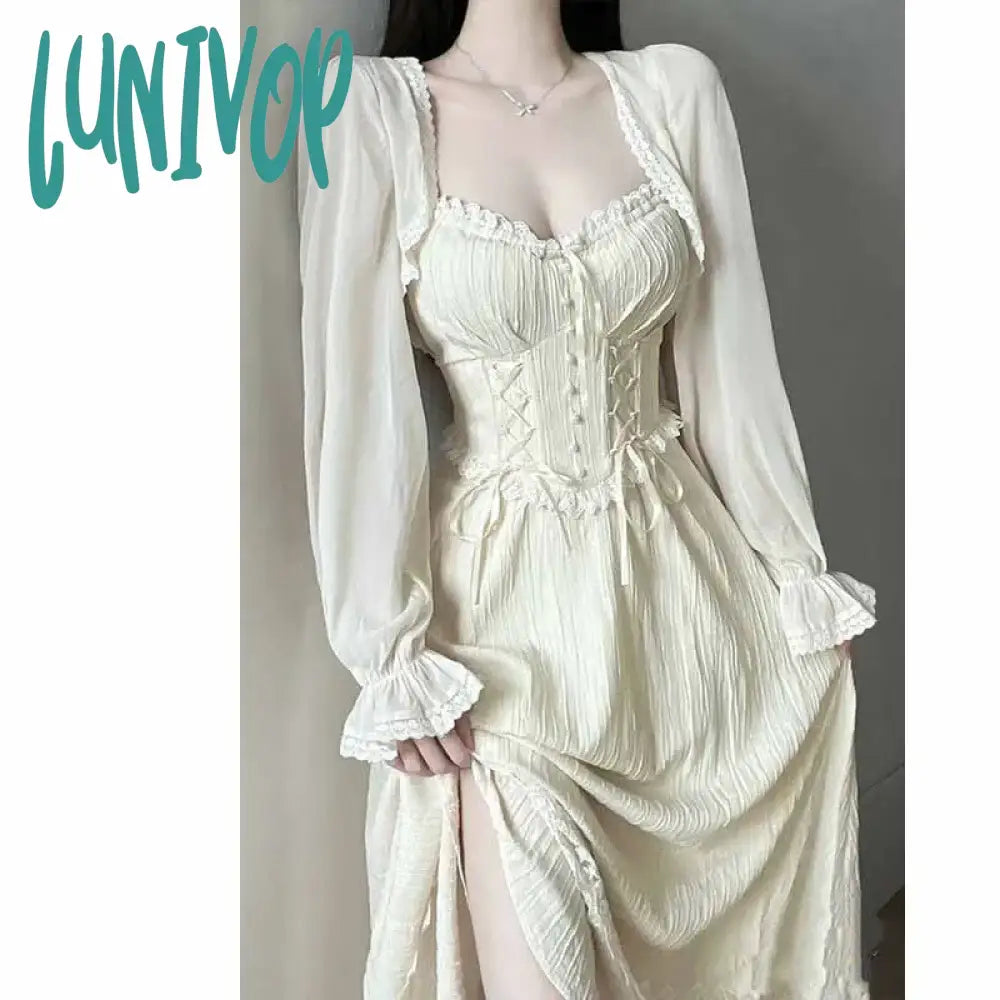 Lunivop 2pcs Sets Beige Dress Women  Summer Square Collar Camisole Dress With Coat Holiday Beach Dress Party Evening Dress Plus Size Elasticated Drawstring Belted