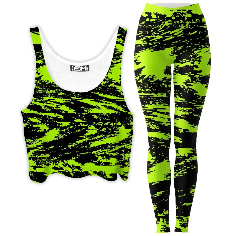 Black Lime Bolt Glitch Crop Top and Leggings Combo Chenille Blend Fleece Blend Nylon Blend Black Lime Bolt Glitch Crop Top and Leggings Combo Chenille Blend Fleece Blend Nylon Blend