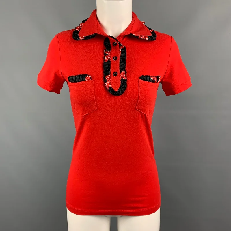 Vintage MOSCHINO COUTURE Size 6 Red & Black Graphic Print Rayon Short Sleeve Pullover Crew Neck Wool