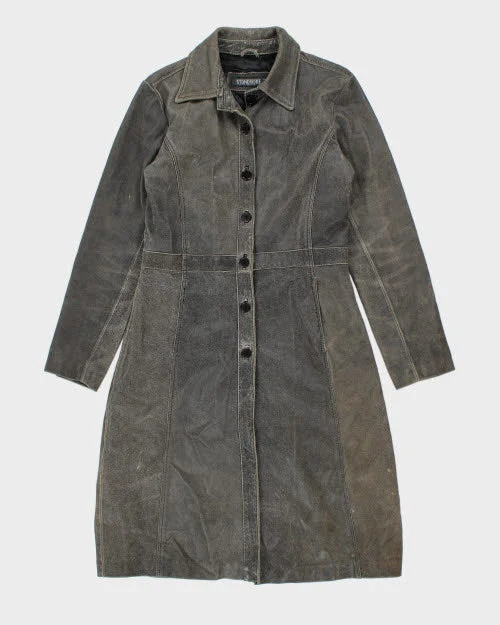 Vintage 90's Stonebridge Grey Leather Long Trench Coat - M Sleeveless Short Sleeve Long Sleeve