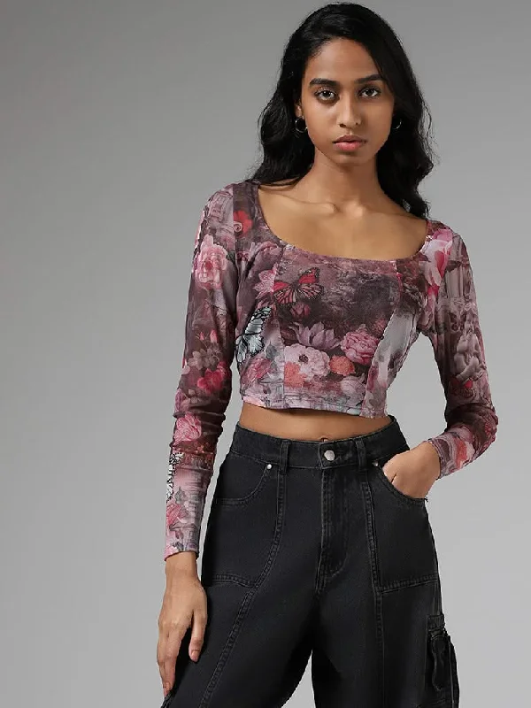 Nuon Pink Abstract Printed Crop Top Denim Fabric Leather Fabric Suede Fabric