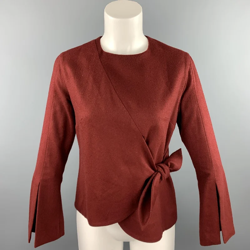EUDON CHOI Size 4 Burgundy Virgin Wool Tie Pullover High Neck Pullover