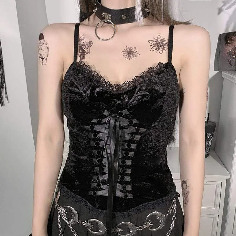 Women's Punk Rock Lace-up Floral Velet Crop Tops with Lace Hem Fleece Fabric Down Fabric Feather Fabric Women's Punk Rock Lace-up Floral Velet Crop Tops with Lace Hem Fleece Fabric Down Fabric Feather Fabric
