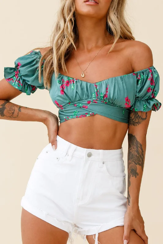 Linka Off-Shoulder Tie-Back Crop Top Pink Floral Print Sage Thin Crop Top Open Front Quick Dry Linka Off-Shoulder Tie-Back Crop Top Pink Floral Print Sage Thin Crop Top Open Front Quick Dry