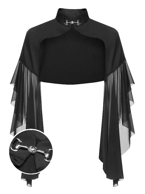 Black 1930s Halloween Patchwork Sheer Coat Kimono Robe Cloak