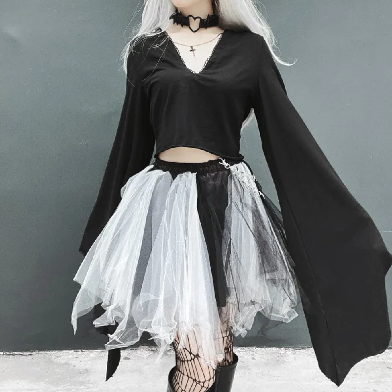 Women's Gothic V-neck Flare Sleeved Crop Top Cozy Warm Stylish