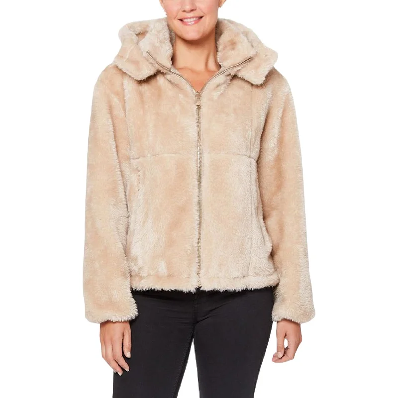 Vince Camuto Womens Lightweight Reversible Faux Fur Coat Crew Neck V-Neck Boat Neck