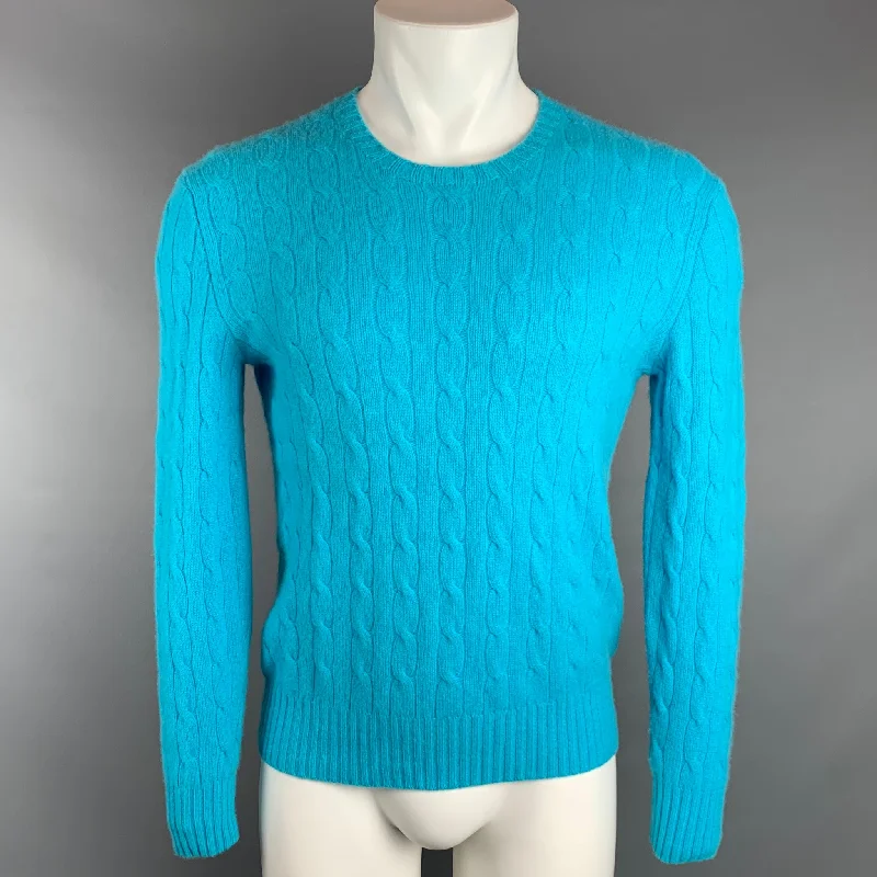 POLO by RALPH LAUREN Size L Aqua Cashmere Cable Knit Pullover Gathered Sleeve Pullover