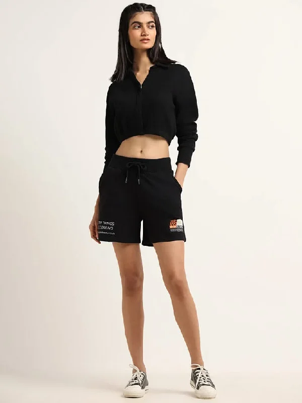 Studiofit Black Crop Top Rayon Velvet Corduroy