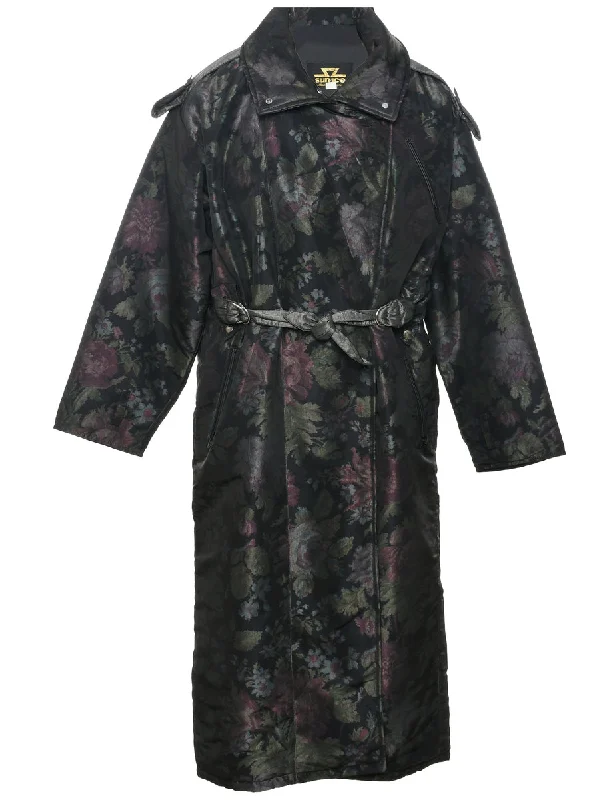 Floral Pattern Coat - L Zip Front Button Front Snap Front