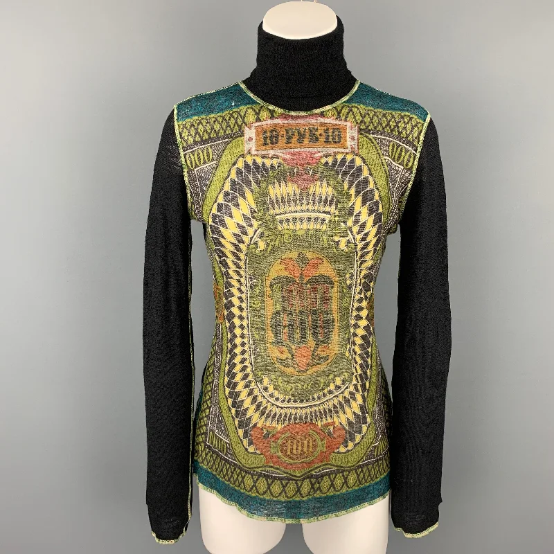 JEAN PAUL GAULTIER x BERGDORF GOODMAN Size L Black & Multi-Color Print Wool Pullover Oversized Cozy Pullover