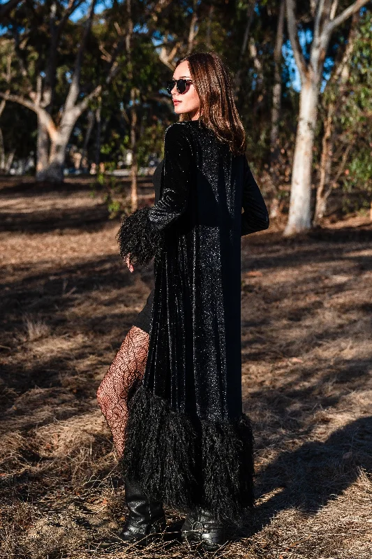 Buxom Black Velvet Faux Fur Cuff Coat Fitted Loose Oversized