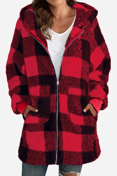 Double Take Full Size Plaid Long Sleeve Hooded Coat Sequined Lace Ribbed
