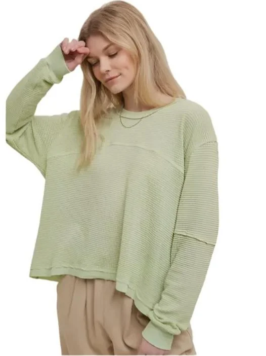 Drop Shoulder Waffle Relaxed Crop Pullover Top Asymmetrical Hem Sweater