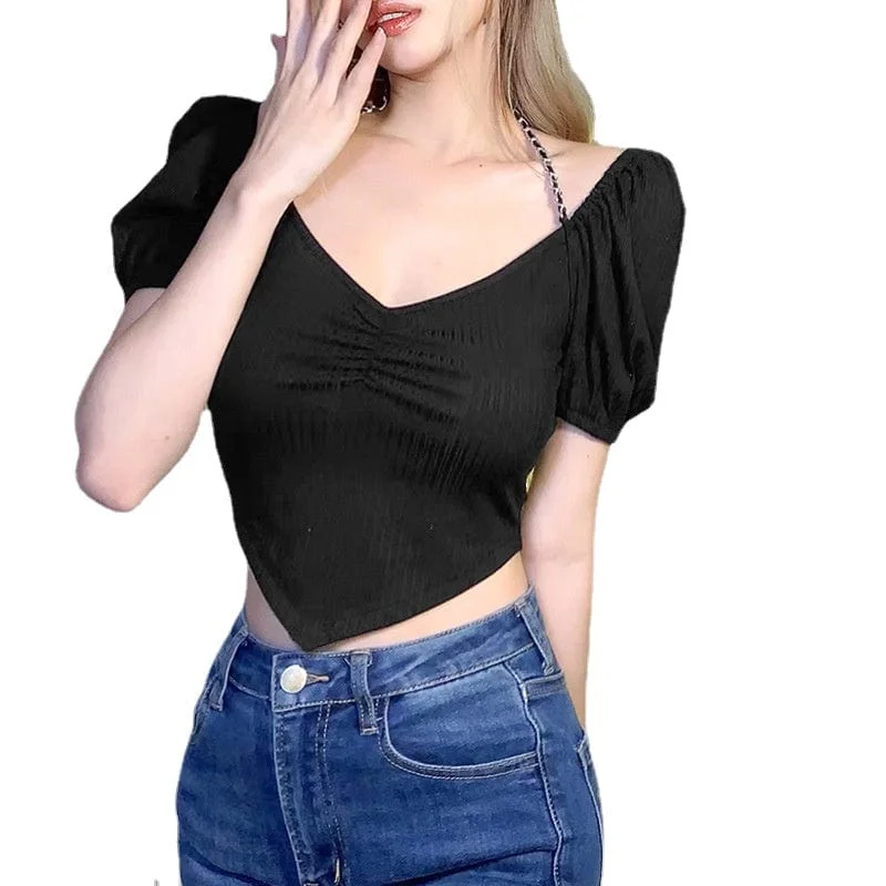 Women's Punk V-neck Backless Short Sleeved Crop Top Embroidered Appliqued Beaded