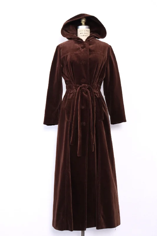 Cocoa Velvet Hooded Maxi Coat M/L Tie-Waist Belted Drawstring
