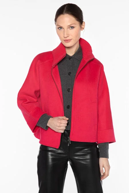 Kinross Cashmere Short Knit Trim Zip Mock Coat Three-Quarter Sleeve Elbow Sleeve Wrist Sleeve
