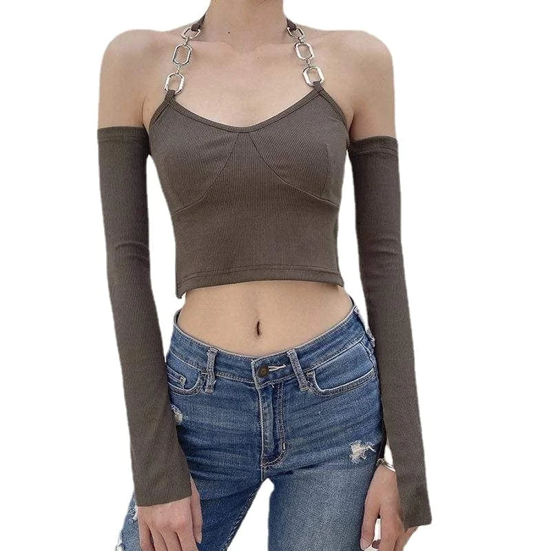 Women's Punk Off Shoulder Chain Crop Top Polka Dot Checkered Tartan