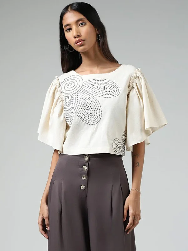 Bombay Paisley Off White Threadwork Embroidered Blended Linen Crop Top Collared Crew Neck Turtle Neck