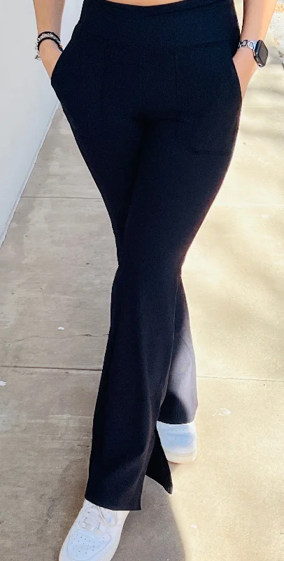 Ribbed V-Waist Flared Legging Elegant Stretchy Faux Leather Leggings