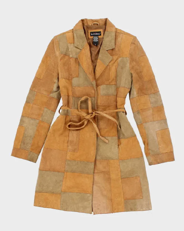 Vintage 90s Le Chateau Warm Brown Suede Belted Patchwork Coat - M Houndstooth Jacket Shearling Jacket Fleece Jacket