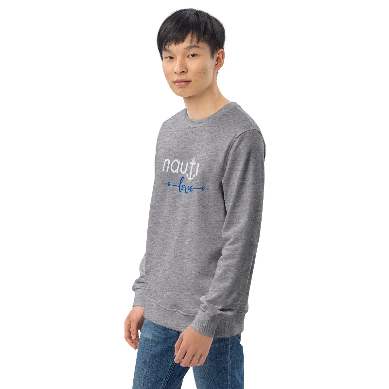 Unisex "NAUTI Anchor Love" Organic Sweatshirt in Black, French Navy and Grey Melange with White Logo Hoodie with Typography Text Message Unisex "NAUTI Anchor Love" Organic Sweatshirt in Black, French Navy and Grey Melange with White Logo Hoodie with Typography Text Message