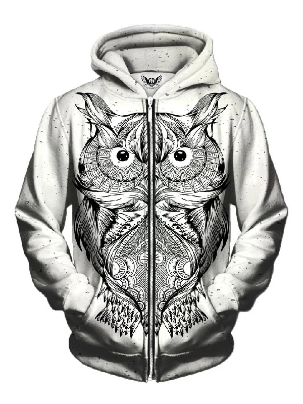 Wise One White Owl Zip-Up Hoodie Hoodie with Thumb Holes Functional Cozy