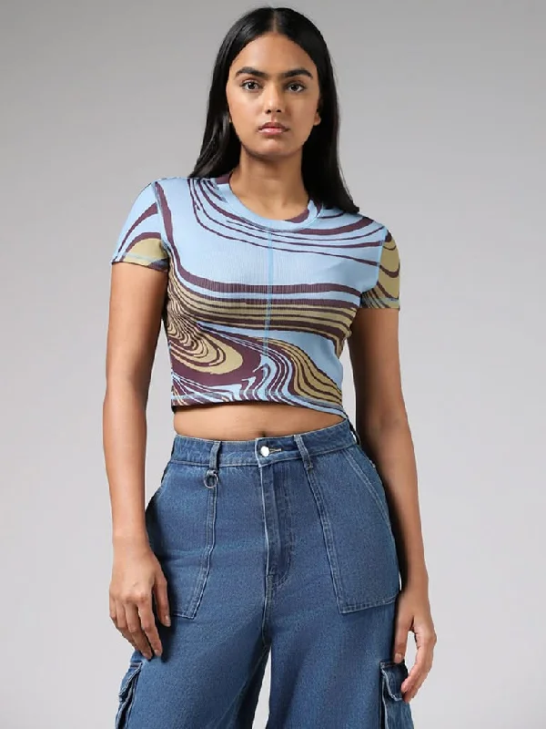 Nuon Light Blue Abstract Printed Crop Top Mesh Blend Leather Blend Suede Blend