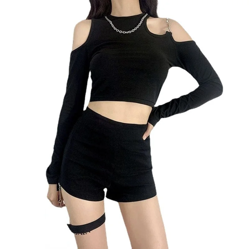 Women's Punk Off Shoulder Chain Crop Top Welt Pockets Slit Pockets Flap Pockets