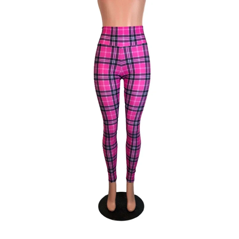 Pink Plaid High Waist Leggings Pants Stylish Yoga Leggings