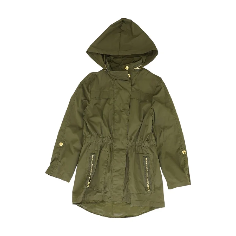 Green Solid Lightweight Coat Buttoned Zippered Snapped