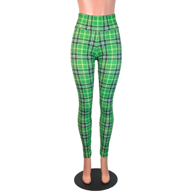 Green Plaid High Waist Leggings Pants Trendy Fitness Leggings