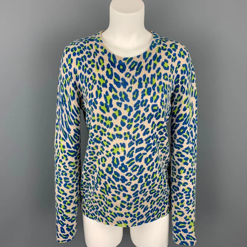 EQUIPMENT Size M Taupe & Blue Animal Print Cashmere Pullover Jewel Neck Pullover