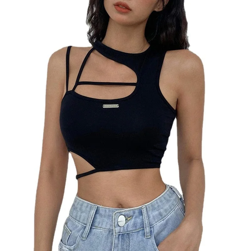 Women's Punk Slim Fitted Irregular Cutout Crop Top Knit Fabric Woven Fabric Fleece Fabric Women's Punk Slim Fitted Irregular Cutout Crop Top Knit Fabric Woven Fabric Fleece Fabric