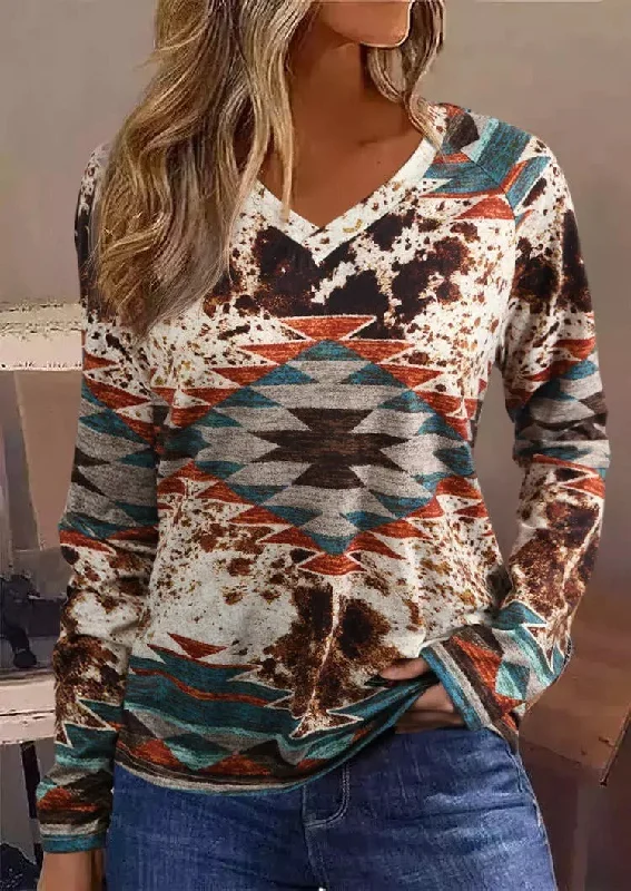 Spring and Autumn New Western European Denim Print Pullover V Neck Loose Sweater Womens Casual T Shirt Short Puff Sleeve