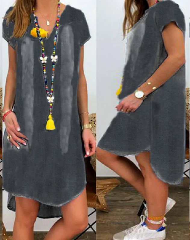 Women Casual Summer V Neck Pullover Short Sleeve Denim Dress Polo Neck Sweater