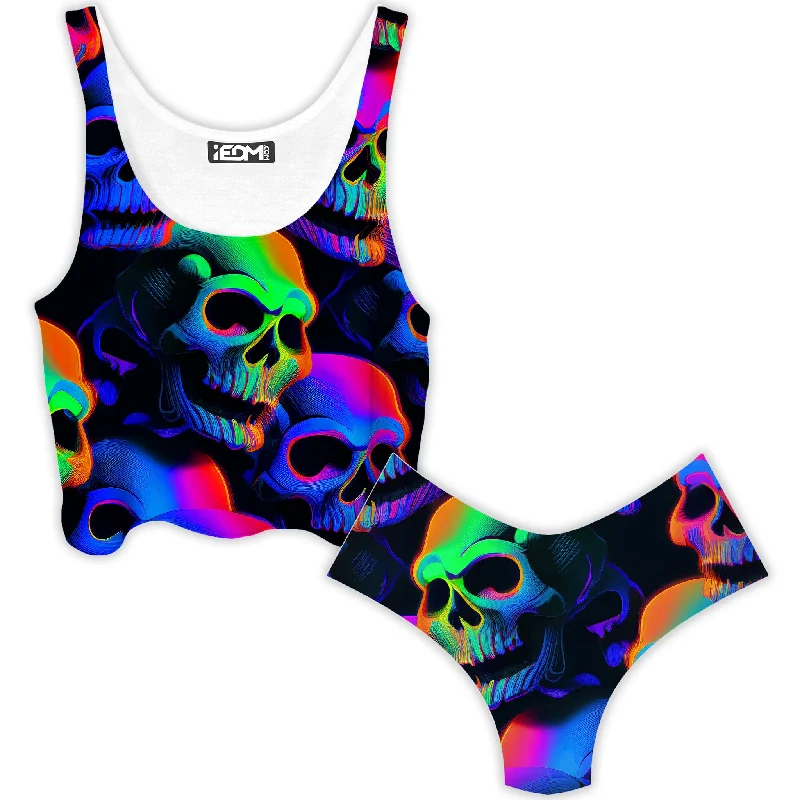 Psychedelic Nightmare Crop Top and Booty Shorts Combo Notch Collar Peter Pan Collar Cowl Neck