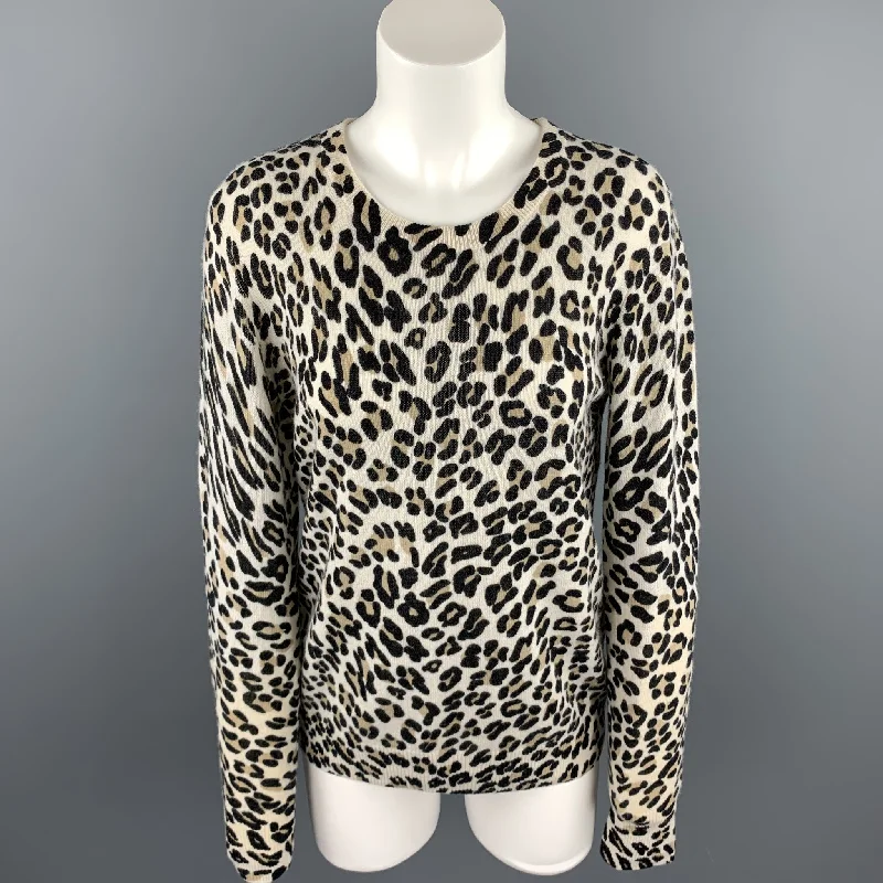 EQUIPMENT Size M Black / Beige Leopard Print Cashmere Pullover Elbow Length Sleeve
