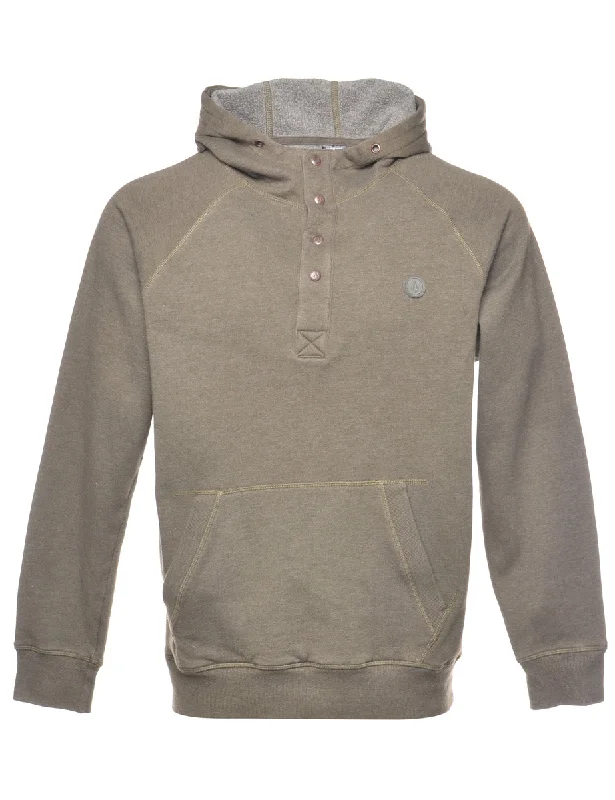 Green Hooded Sweatshirt - L Hoodie with Mock Neck Collared Structured
