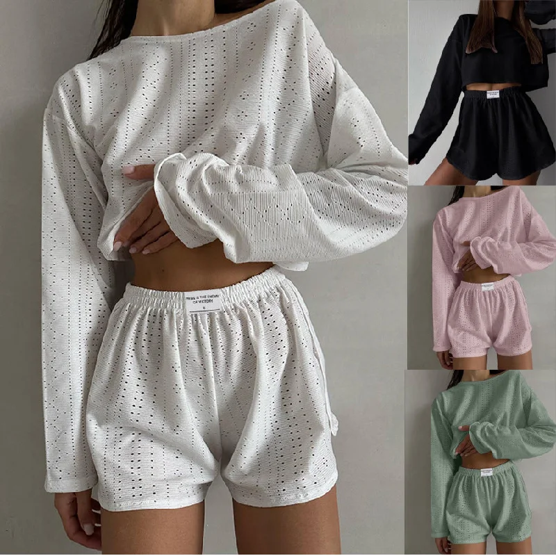 2pcs Women's Suit Long Sleeve Pullover Top And Shorts Fashion Simple Slim Fit Loose Hollow-out Design Suits Open Front Cardigan