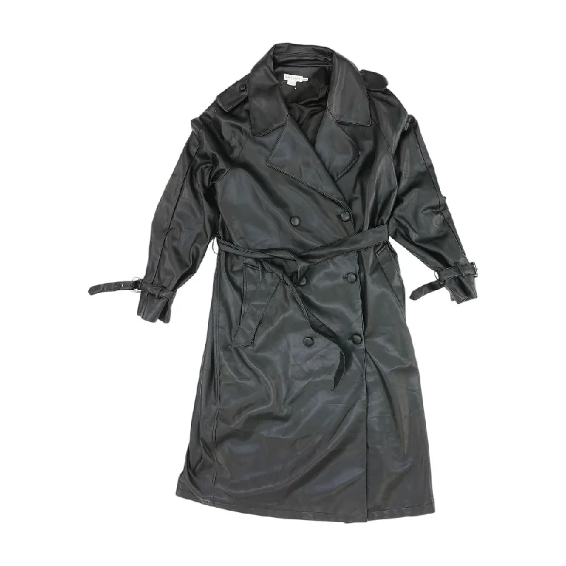Black Solid Faux Leather Coat Appliqued Beaded Sequined