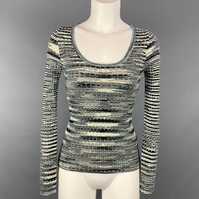 M MISSONI Size 4 Black & Turquoise Merino Wool Blend Pullover Slim Sleeve Pullover