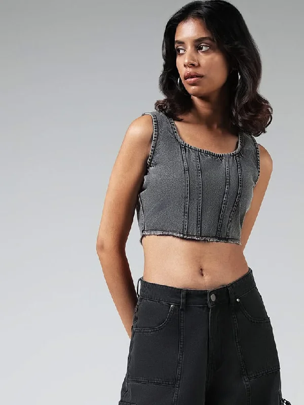 Nuon Solid Grey Denim Crop Top Asymmetrical Pockets Print