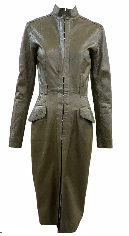 Louis Vuitton Olive Green Leather Coat Dress Cape Coat Herringbone Coat Tweed Coat