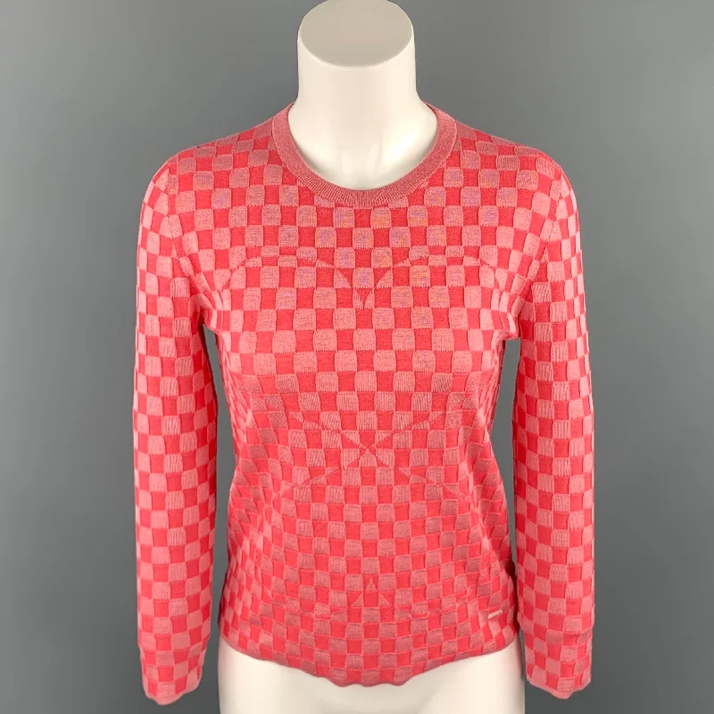 AKRIS Size 2 Pink Checkered Silk Blend Crew-Neck Pullover Flutter Sleeve Feminine