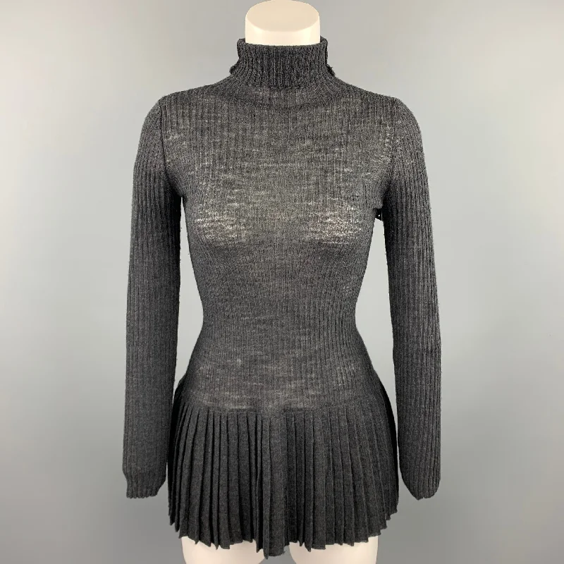 JEAN PAUL GAULTIER Size S Charcoal Ribbed Knit Wool Pleated Waistband Pullover Ruffle Neck Pullover